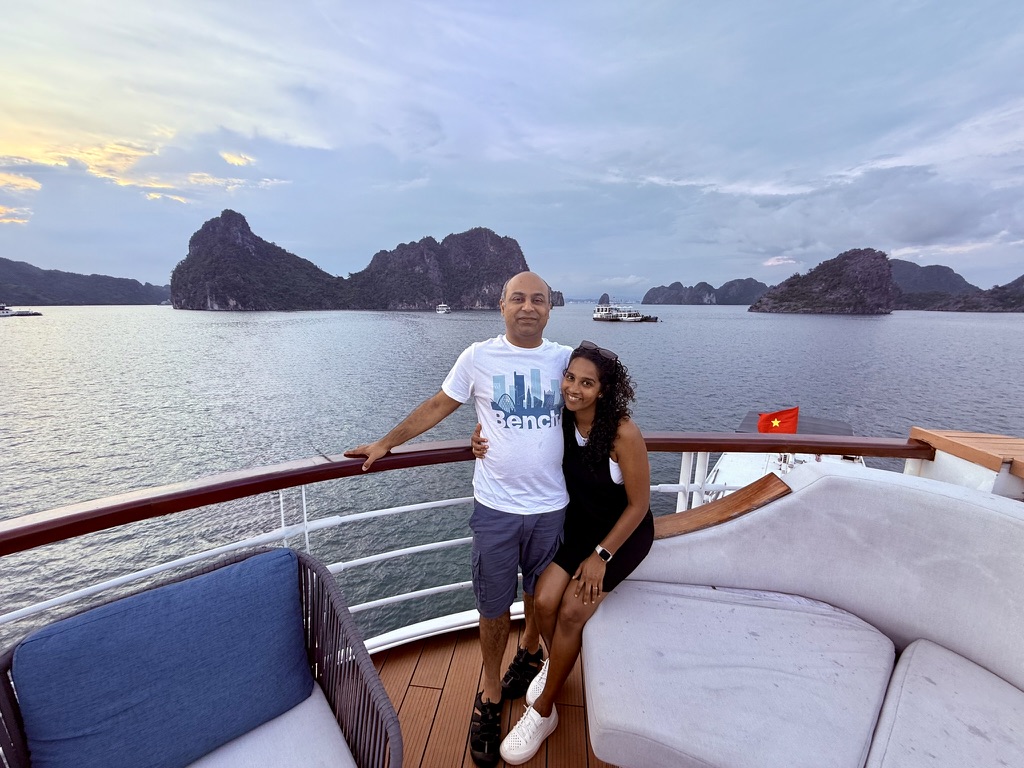 Halong Bay limestone islands at dusk