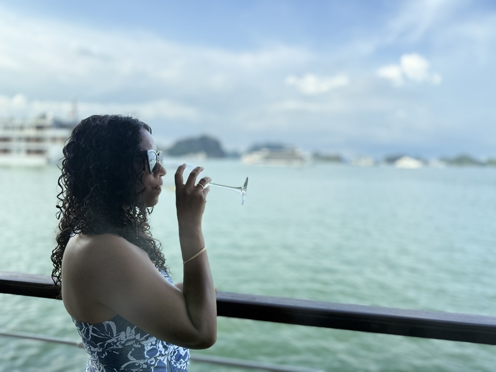 Couple on cruise deck in Halong Bay